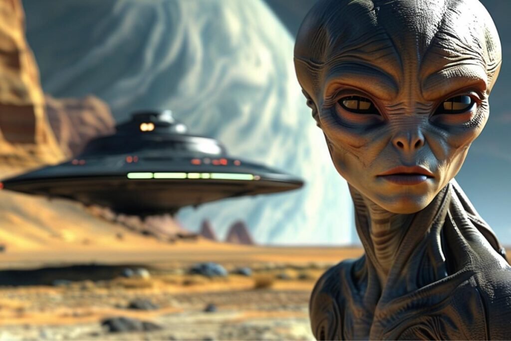 alienígena e sua nave em um planeta diferente