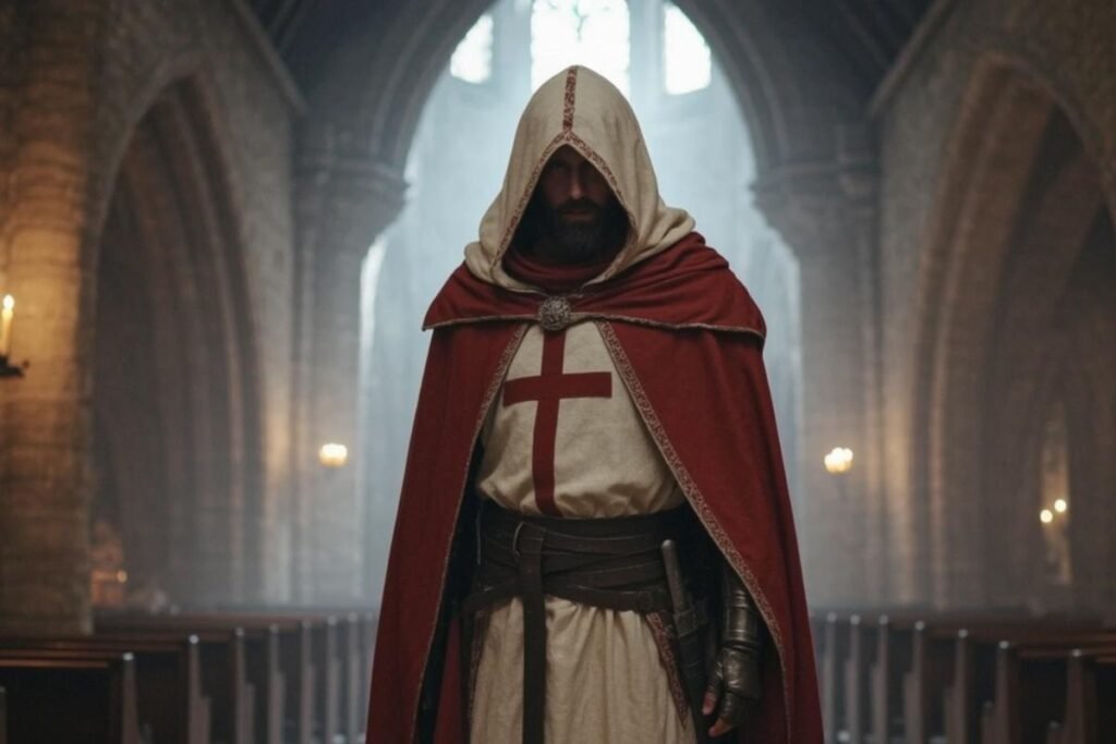um cavaleiro templário, com sua vestimenta tradicional