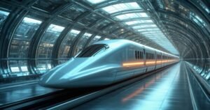 trem de levitação magnética moderno, em uma estação coberta
