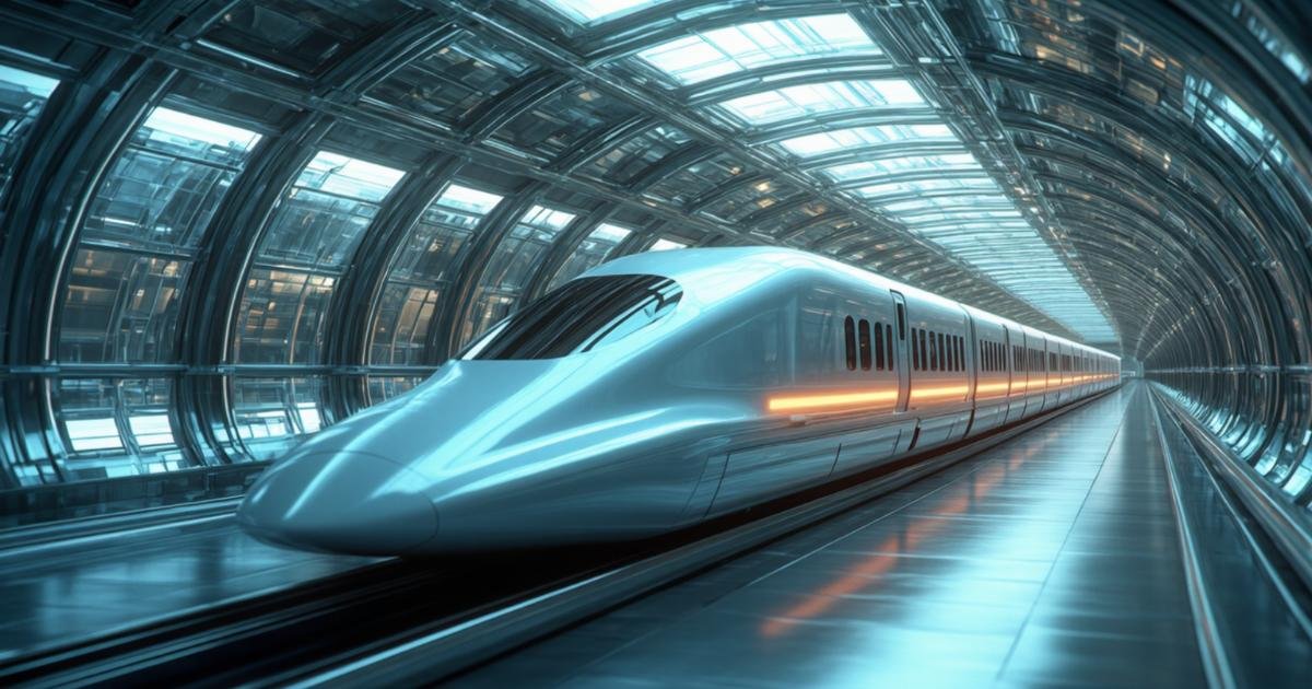 trem de levitação magnética moderno, em uma estação coberta
