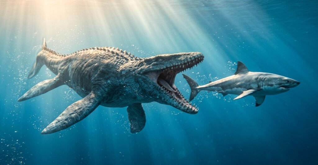 Mosassauro caçando um tubarão